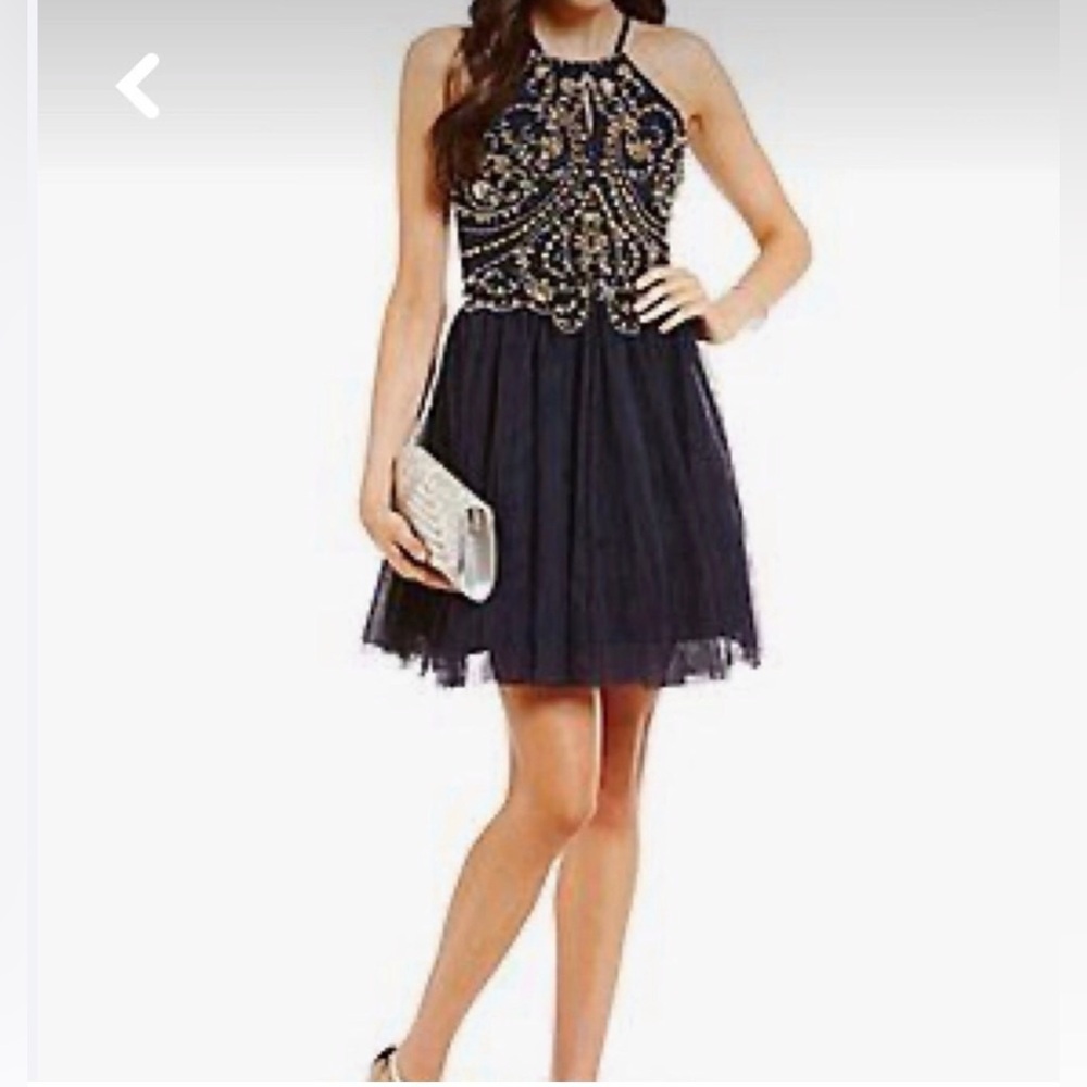 Blondie Nites Halter Beaded Gown Dress Navy Blue Size 3  Lace Short- Excellent